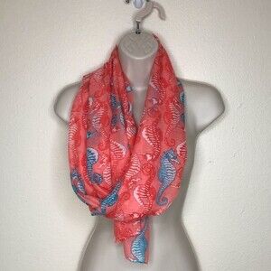 Seahorse Graphic Coral Aqua Teal Long Rectangle Scarf 22 X 71 Lightweight